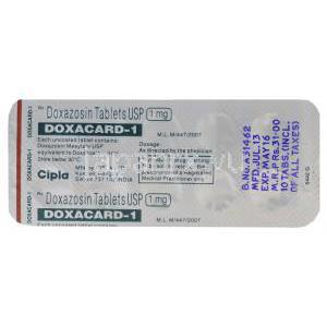 ドクサカード　Doxacard-1、ジェネリックカージュラ、ドキサゾシン1mg　包装シート裏面