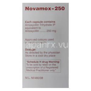 ノバモックス　Novamox-250、ジェネリックアモキシル　Amoxil、アモキシシリン　250mg　箱面情報