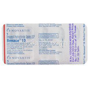 ベネース, 塩酸ベナゼプリル, 10mg 錠  (Novartis) 包装裏面