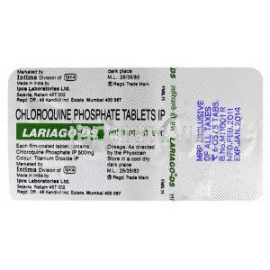 クロロキン（アラレンジェネリック）,LARIAGO,  500MG 分散性錠 (IPCA) 包装裏面