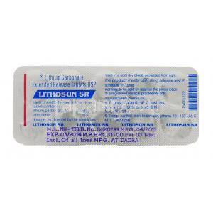 リスサン, 炭酸リチウム 400 mg 錠 (Sun Pharma) 包装裏面