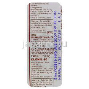 クロミプラミン, Clonil, 10 mg 錠 (Intas) （ブリスター包装裏面の注意書）