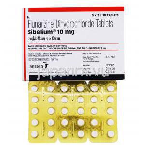 ジェネリックシベリウム, フルナリジン 10 mg 製造元：Janssen,箱表面,シート表面