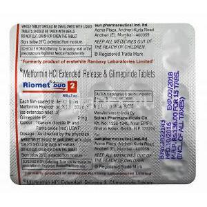 リオメット デュオ 2 XR, メトホルミン/ グリメピリド 錠剤裏面
