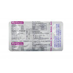 レチノックス (ルテイン/ ゼアキサンチン/ アスタキサンチン/ オメガ3脂肪酸) カプセル裏