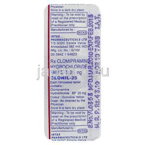クロミプラミン, Clonil, 25 mg 錠 (Intas) ブリスター 情報