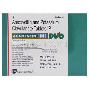 オーグメンチン, アモキシシリン/クラブラン酸カリウム 875 mg/ 125 mg 錠 (GSK) 箱 情報