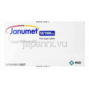 ジャヌメット, シタグリプチン/メトホルミン,　50mg/1000mg, 56錠,製造元：MSD, 箱側面