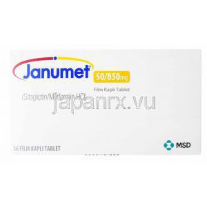 ジャヌメット, シタグリプチン/メトホルミン,　50mg/850mg, 56錠,製造元：MSD, 箱側面