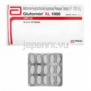 グルホルミン XL (メトホルミン) 1000mg 箱、錠剤