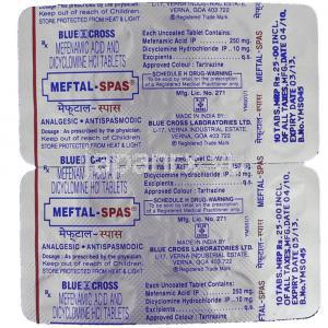 メフェナム酸 / ジサイクロミン配合, Meftal Spas,  250mg   10mg 錠 包装裏面