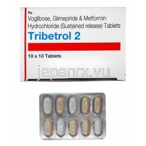 トリベトロール (グリメピリド 2mg/ メトホルミン 500mg/ ボグリボース 0.2mg) 箱、錠剤