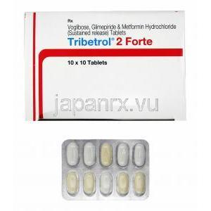 トリベトロール (グリメピリド 2mg/ メトホルミン 500mg/ ボグリボース 0.3mg) 箱、錠剤