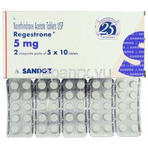 プロジェストロン Regestrone, プロゲスチン ジェネリック, ノルエチンドロン酢酸エステル 5mg 錠 (