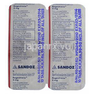 リジェストロン Regestrone, ノルエチンドロン酢酸エステル 5mg 錠 (Sandoz) 包装裏面