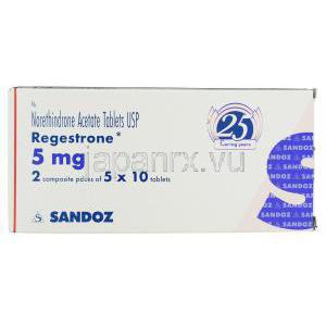 プロジェストロン Regestrone, プロゲスチン ジェネリック, ノルエチンドロン酢酸エステル 5mg 錠 (