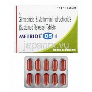 メトライド DS (グリメピリド/ メトホルミン) 1mg 箱、錠剤