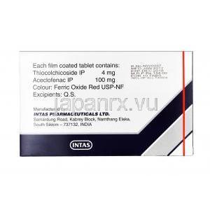 ハイフェナク TH, アセクロフェナク 100 mg/ チオコルチコシド4 mg,錠剤, 箱裏面情報