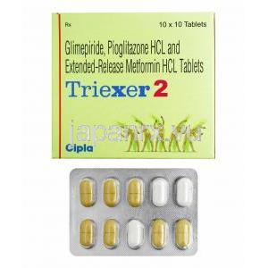 トリエクサー (グリメピリド 2mg/ メトホルミン 500mg/ ピオグリタゾン 15mg) 箱、錠剤