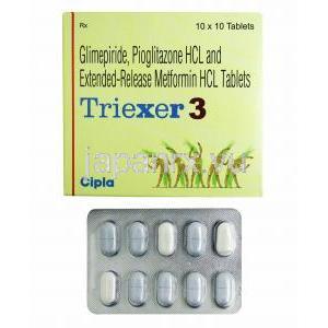 トリエクサー (グリメピリド 3mg/ メトホルミン 500mg/ ピオグリタゾン 15mg) 箱、錠剤
