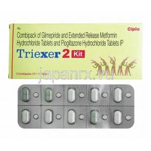 トリエクサー キット (グリメピリド 2mg/ メトホルミン/ ピオグリタゾン) 箱、錠剤