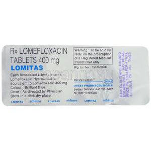 ロメフロキサシン（バレオンジェネリック） 400 mg 錠, Lomitas, (Intas Pharma)　包装