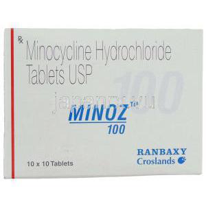 ミノサイクリン塩酸塩（ミノシンジェネリック）, Minoz, 100mg 錠 (Ranbaxy) 箱