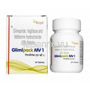 グリミパック MV (グリメピリド 1mg/ メトホルミン 500mg/ ボグリボース 0.2mg) 箱、錠剤