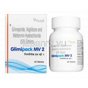 グリミパック MV (グリメピリド 2mg/ メトホルミン 500mg/ ボグリボース 0.2mg) 箱、錠剤