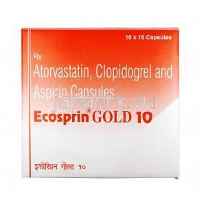 エコスピリン ゴールド,　アスピリン 75 mg  / アトルバスタチン 10mg / クロピドグレル75 mg, カプセル, 箱表面