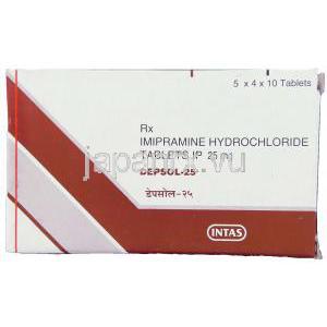 デプソル Depsol, イミドール ジェネリック, イミプラミン塩酸塩 25mg 錠 （Intas） 箱