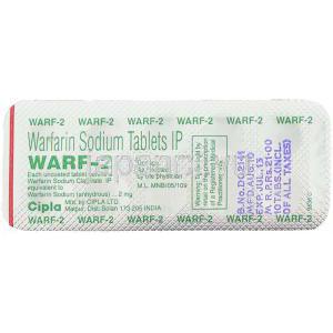 ワルファリン（ワーファリンジェネリック）, Warf-2, 2mg 錠 (Cipla) 包装裏面