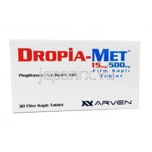 ドロピアメット (ピオグリタゾン 15 mg/ メトホルミン 500 mg) 箱前面