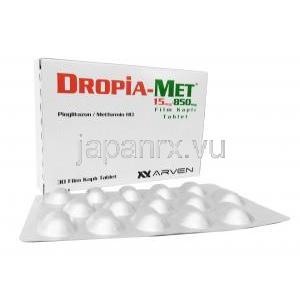 ドロピアメット (ピオグリタゾン 15 mg/ メトホルミン 850 mg) 箱、錠剤