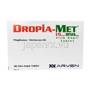 ドロピアメット (ピオグリタゾン 15 mg/ メトホルミン 850 mg) 箱前面