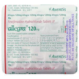 フェキソフェナジン (アレグラ)　120 mg 包装