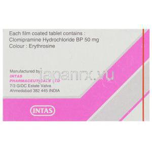 クロミプラミン, Clonil, 50 mg 錠 (Intas) 製造者情報