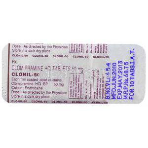 クロミプラミン, Clonil, 50 mg 錠 (Intas) 包装　情報