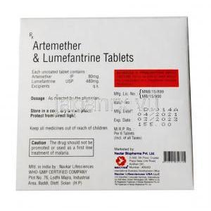 アーティマーエルエフ, アルテムエーテル80mg/ルメファントリン480mg , 錠剤,製造元： Mectar Biophama Pvt,Ltd, 箱情報