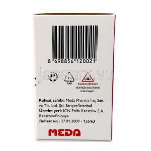 メスチノン, ピリドスチグミン 60mg, 製造元：Meda Pharmaceuticals Ltd, 箱情報, ライセンス