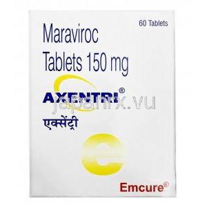 Axentri, Maraviroc 150mg, Emcure Pharmaceuticals Ltd, Box front view