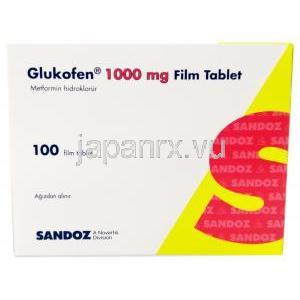 グルコフェン, メトホルミン 1,000 mg, 製造元：Sandoz, 箱表面
