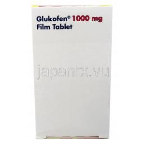 グルコフェン, メトホルミン 1,000 mg, 製造元：Sandoz, 箱側面情報