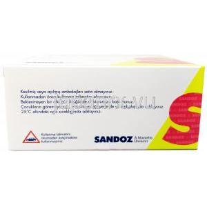 グルコフェン, メトホルミン 1,000 mg, 製造元：Sandoz, 箱側面情報, 保管方法, 注意事項