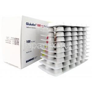 グルコフェン, メトホルミン 1,000 mg, 100錠(10シート）製造元：Sandoz, 箱, シート