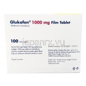 グルコフェン, メトホルミン 1,000 mg, 製造元：Sandoz, 箱情報, 製造元情報