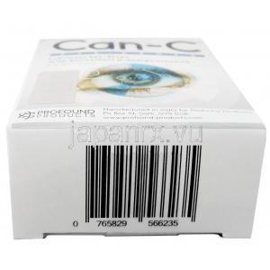 Can-C 点眼薬,　グリセリン 1% w/v / カルボキシメチルセルロース  0.3% w/v, 2本 x 5ml バイアル,製造元： Profound Products, 箱底面