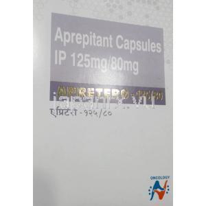 アプレテオ, 1 cap アプレピタント 125mg （1カプセル）＋80mg（2カプセル）,  1セット, 製造元： Hetero Drugs Ltd, 箱表面