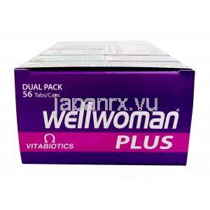 ウェルウーマンプラス,オメガ3、オメガ6、オメガ9、22種類のビタミン各種, 製造元：Vitabiotics Ltd, 箱上面