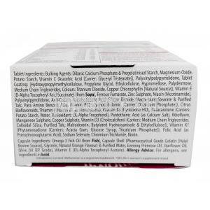 ウェルウーマンプラス,オメガ3、オメガ6、オメガ9、22種類のビタミン各種, 製造元：Vitabiotics Ltd, 箱底面情報